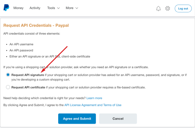 PayPal API credentials request
