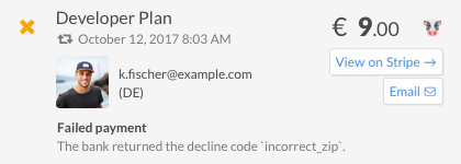 Stripe charge declined for incorrect ZIP code